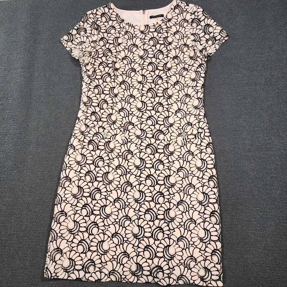 Tommy Hilfiger Shift Dress Womens 8‎ Pink Black Floral Lace Sheath Short Sleeve
